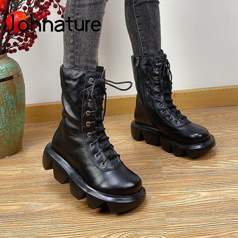 

Johnature 2021 New Winter Shoes Women Boots Genuine Leather Lace-Up Wedges Handmade Round Toe Zip Fashion Ankle Platform Boots, Black plush