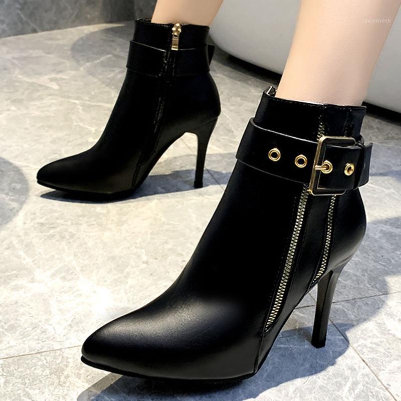 

ankle boots high heels shoes Women's Stiletto High Heel Pointed Ankle Bare Boots Buckle Casual Short Booties bota feminina#41, Beige