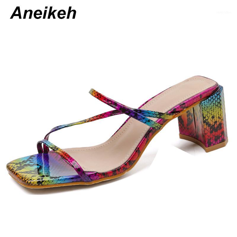 

Aneikeh 2020 Summer Sexy Color serpentine PU Slipper Woman High Heels Peep Toe Shallow Mules Outside Ladies Slides Party Shoe1