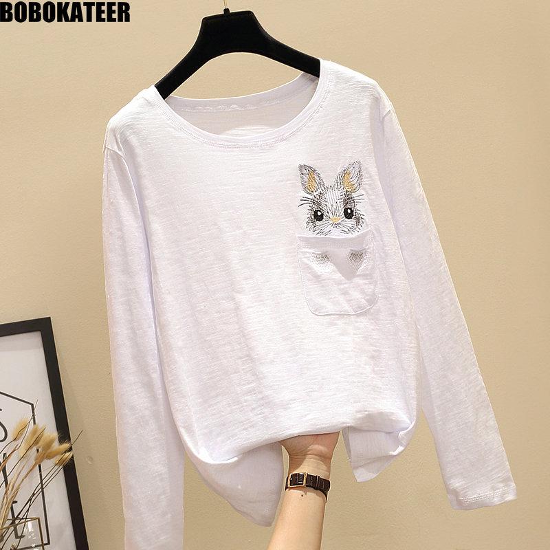 

White Cotton T shirt Women Tops Pink Kawaii Long Sleeve Tshirt Women Clothes Korean Stitch Vintage Black Tee Shirt Vegan2020