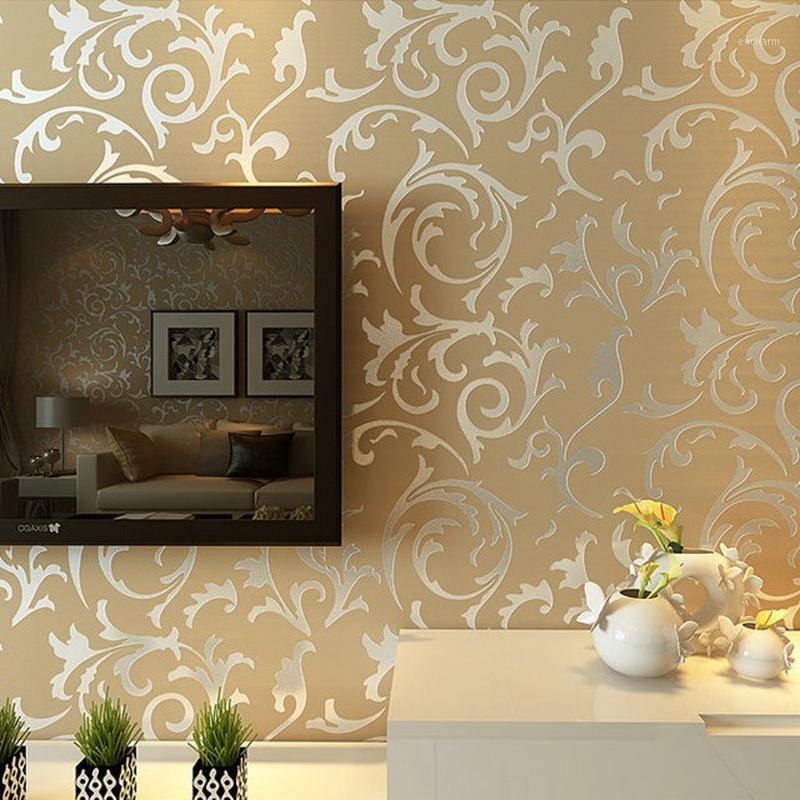 

Yellow Flocked Luxury Floral Embossed Wallpaper Roll Leaves Damask Wall Paper Home Decor Living Room Bedroom Background1, As pic