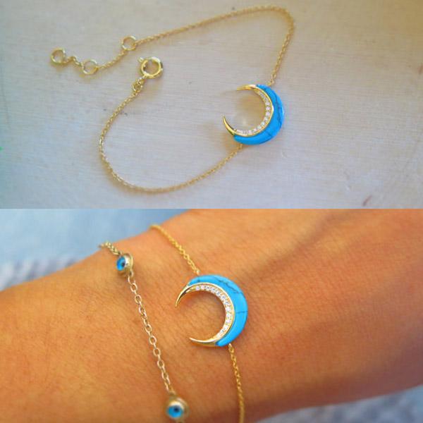 

Charm Bracelets 2021 Top Quality Turquoises Horn Crescent Moon Link Chain Bracelet Fashionable Women Girl Gift Double European Jewelry