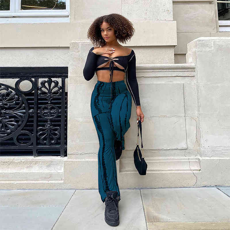 

Womens Long Sleeve Fashion Sexy Backless Hollowed Out Spotted Element Printing Two-piece Set, Gray