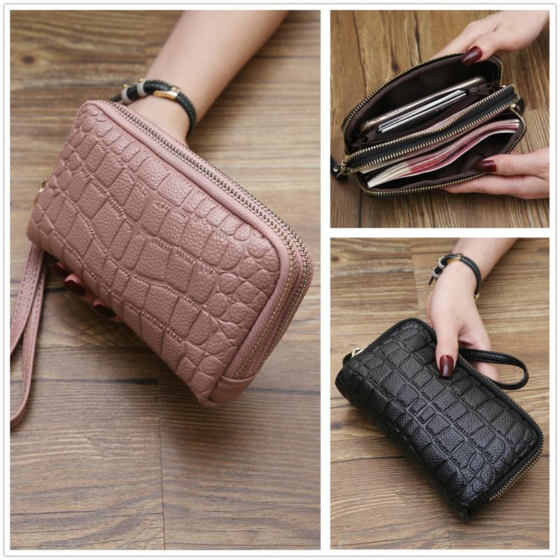 

Fashion 2021 New Natural Leather Handbag Women Double Zipper Large Capacity Hand Holding Package Female Coin Purse Phone Bag, Black