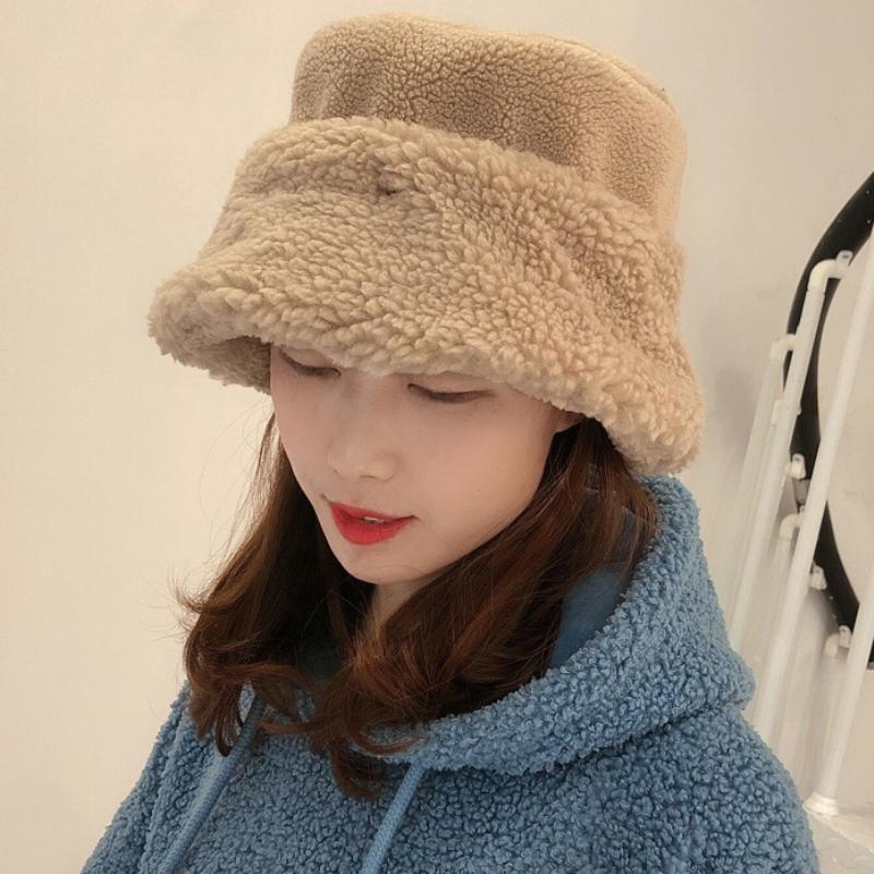 

HT2858 New Fashion Autumn Winter Hat Women Berber Fleece Bucket Hat Solid Flat Top Fishing Cap Men Women Packable Bucket Cap, Black