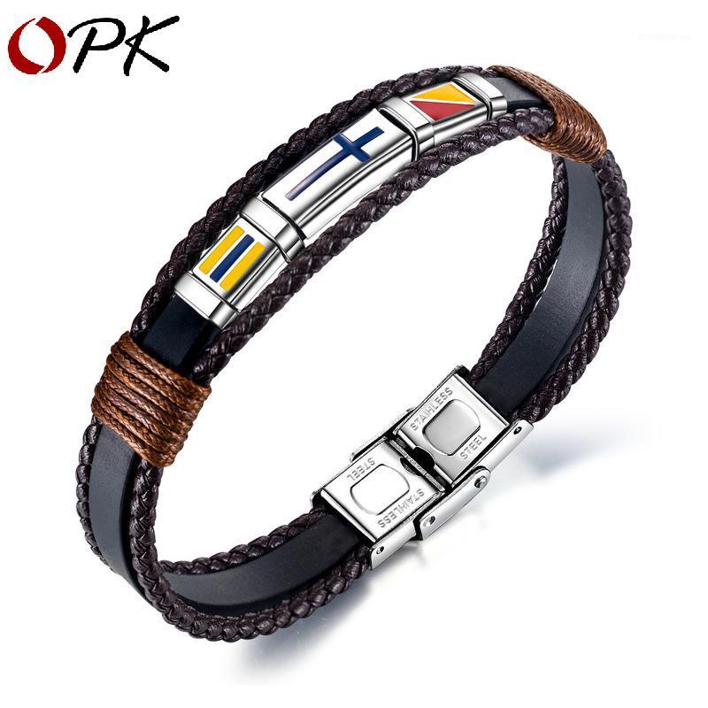 

European And American Amazon Source Of Goods Retro Hand Woven Cross Men's Leather Bracelet Titanium Steel Flag1