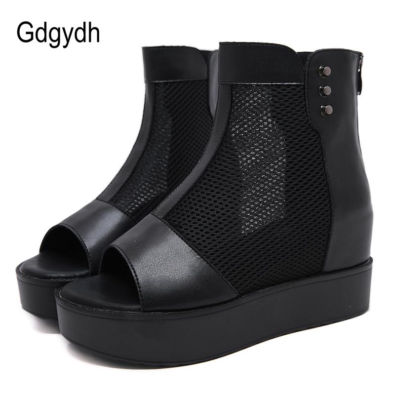 

Gdgydh Open Toe Ankle High Heels Platform Boots Women Black Leather Ladies Summer Shoes Autumn Basic Zipper Wedge Comfortable, Black shoes