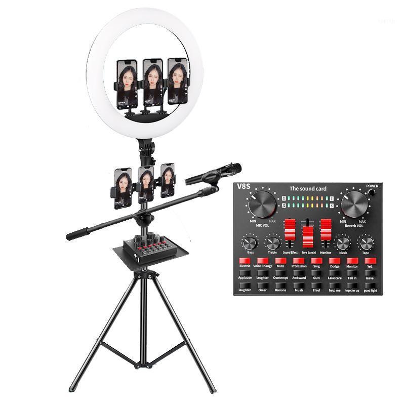 

LED Photography Ring Light 18inch Dimmable Video Lamp 6 Phone Holders with Microphone Sound Card Floor stand for Photo Studio1