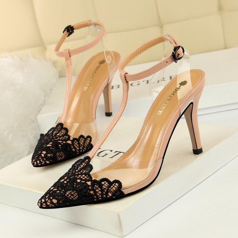 

2021 Ladies Sandals Pu Lace Pointed Toe T-shaped High Heel Sandals Women's High Heel Transparent Wedding Party Women's Shoes, As pic