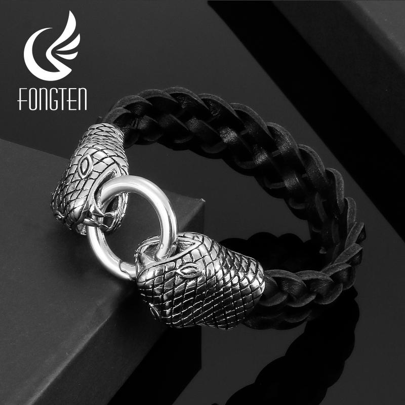 

Fongten Viking Snake Leather Braided Rope Chain Men Bracelet High Quality Stainless Steel Charm Punk Male Fashion Jewelry