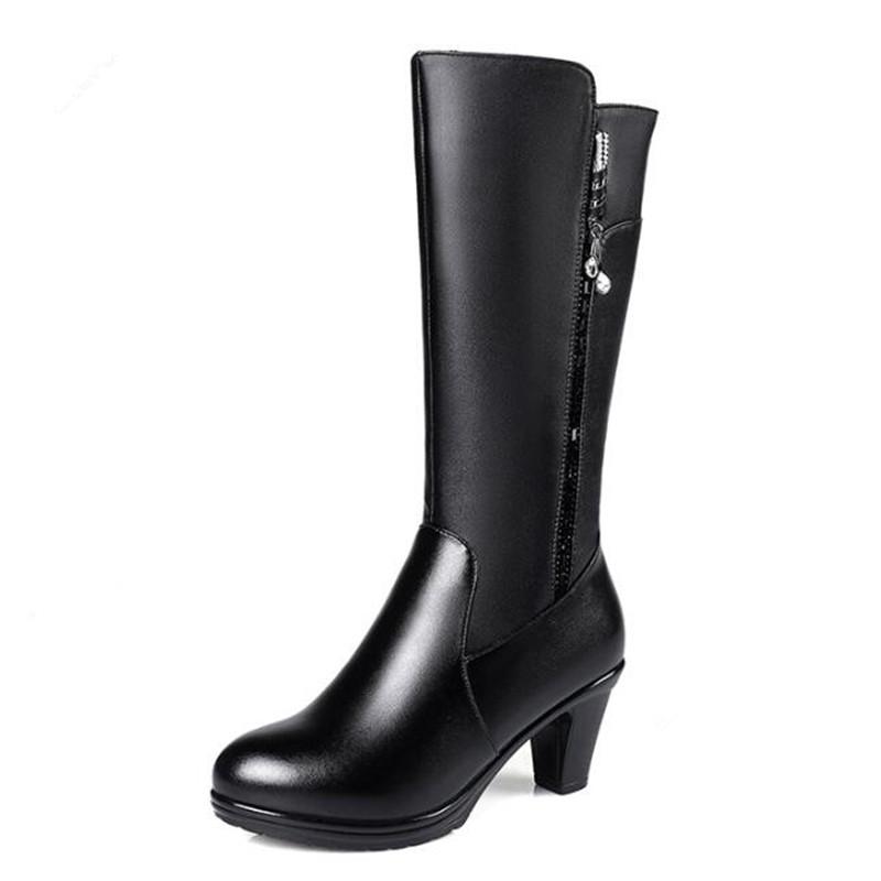 

18 New Fashion Warm Comfort Plus Velvet and Wool Winter Boots Snow Boots Cow Leather Shoes Women High-heels In-tube, Black inside plush