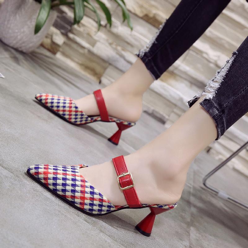 

Women's Pointed Toe Women Summer Bow Plaid Sandals Indoor Hollow Toe Heel Fashion Wild Thick Heel Flat zapatos de mujer, Black