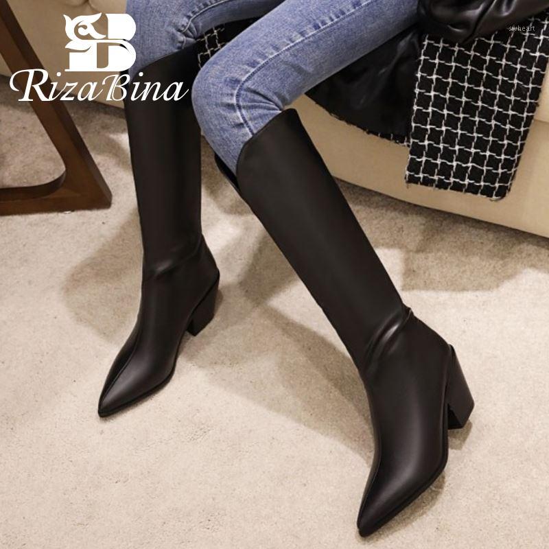 

RIZABINA Women Knee High Boots Thick Heel Pointed Toe Women Winter Long Boots Fashion Cool Party Winter Shoes Size 34-481, White
