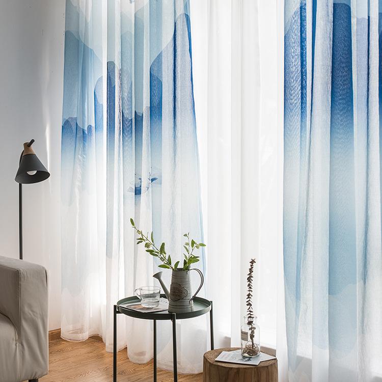 

New Chinese Style Curtains for Bedroom Light Boat Yuanshan Printing Curtains for Living Room Study Bedroom Window Tulle, Curtain