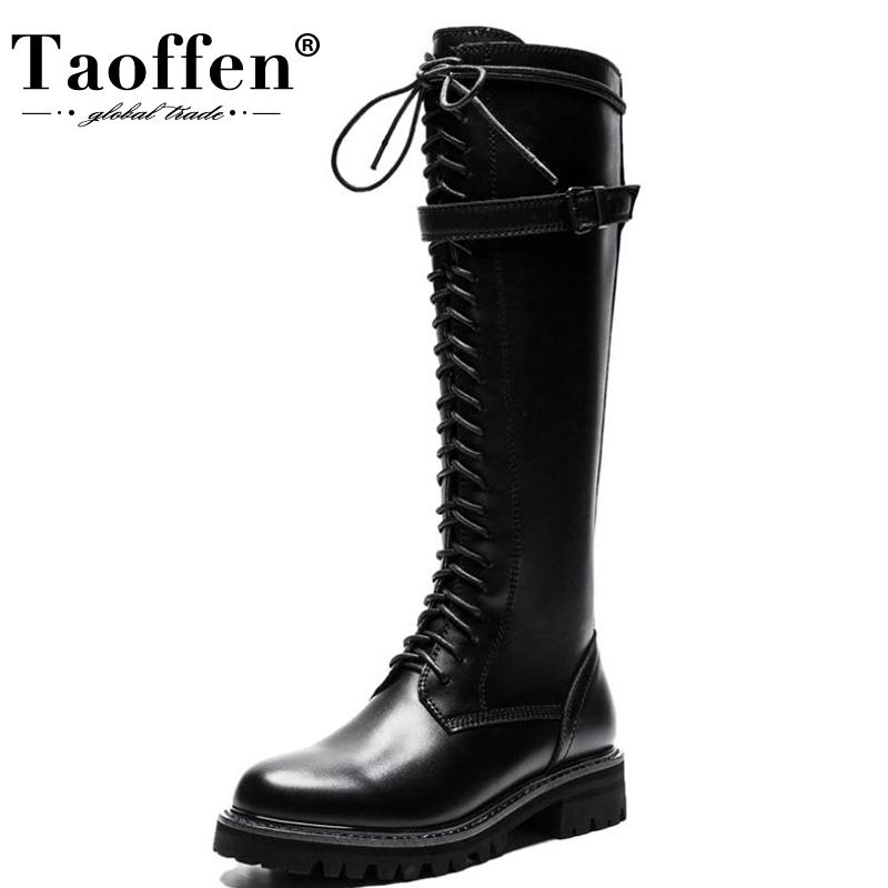 

TAOFFEN Fashion Knee Boots Women Real Leather Shoes Women Winter Warm Shoes Lace Up Thick Heel Footwear Size 35-40, Black without fur