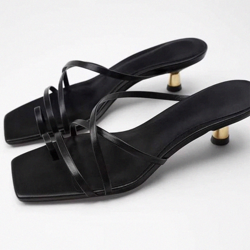 

Women's Shoes Sexy Black Leather High Heels Thin Strap Ladies Sandals New Square Toe Crossover Stiletto Party Female Footwear #W68N