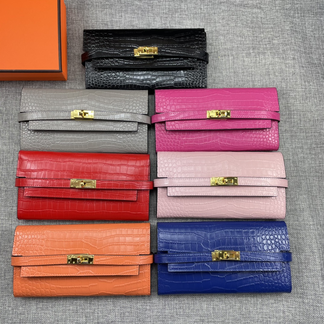

Top quality Alligator Long Wallets Gold Hardware Leather Women Card holders Purse Bags fashion Cowskin Genuine leather come with box H361, Orange