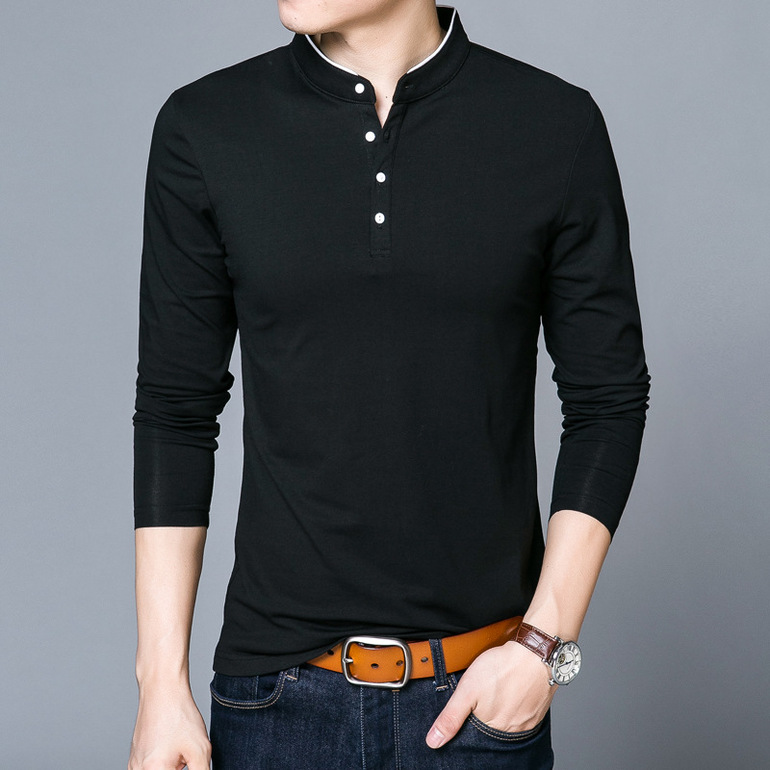 

2021 Brand New Mens T-Shirt Collar Long-Sleeved Casual Pullover Men T Shirt Stitching Solid Color Tshirt kg-431, Navy blue