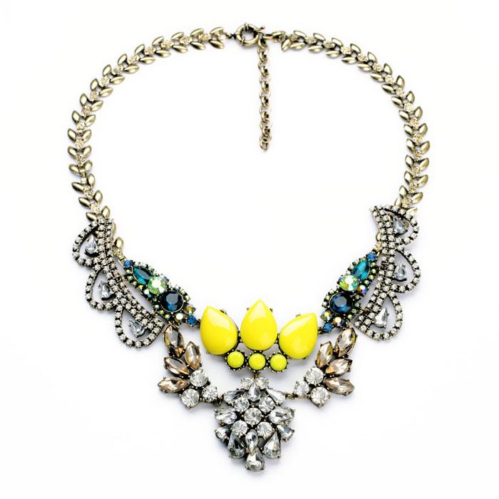 

N00799 Free Shipping Jewelry Vintage Gold Women Unique Rhinestone Water Drop Statement Wholesale Neon Yellow Choker Necklace