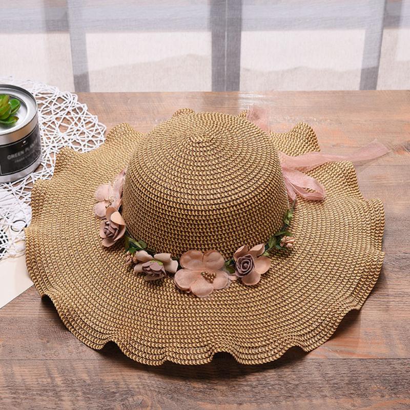 

Solid Women Hats Sun Cap Multicolor Straw Summer Outdoor Sunscreen Flower Side Wide Brim Travel Beach Gift Fashion, Khaki