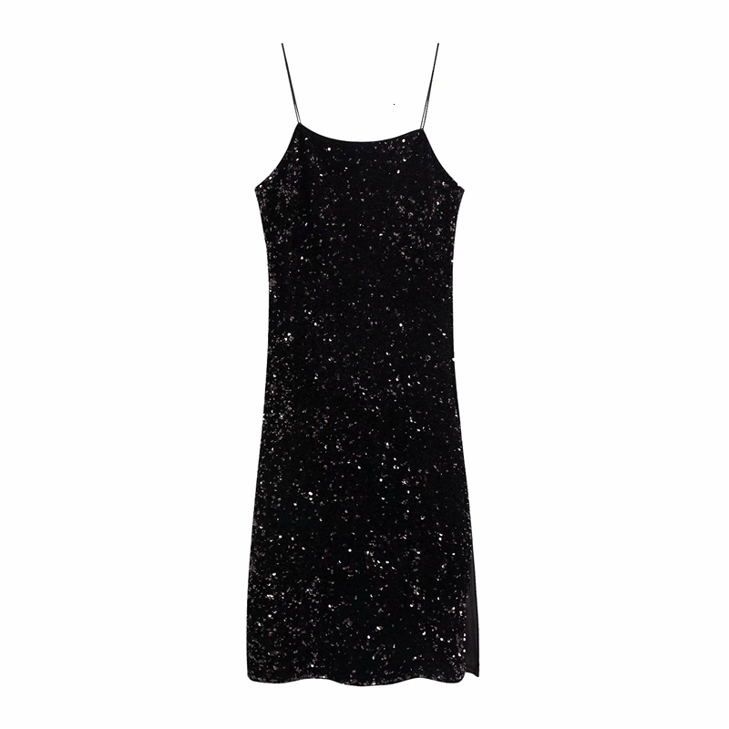 

2021 New Sexy Women Sequined Slim Es Fashion Ladies Streetwear Side Slit Strap Elegant Female Chic Backless Vestidos Txl6, Black