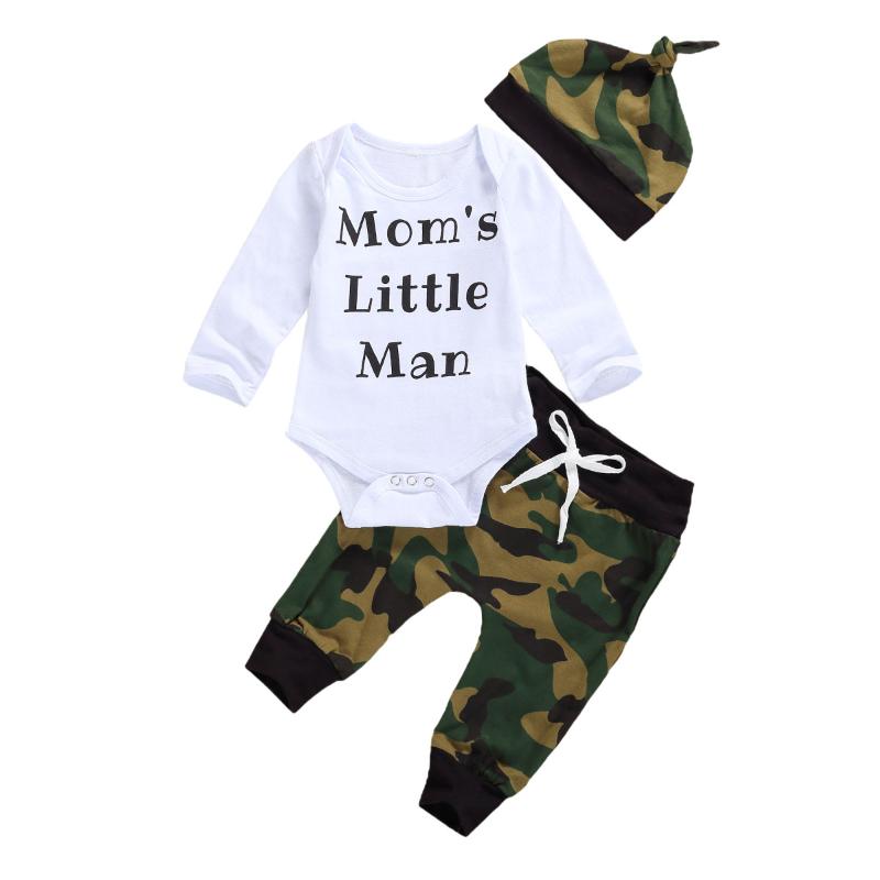 

Clothing Sets 3Pcs Infant Born Baby Boys Clothes Set Long Sleeve Letter Print Romper + Camouflage Pants Hat, White