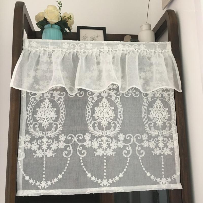 

White Half Curtain Retro Flower Embroidery Coffee Lace Yarn Pure Short Curtain for Bar Kitchen Cabinet Door Children's Room1, Same as image