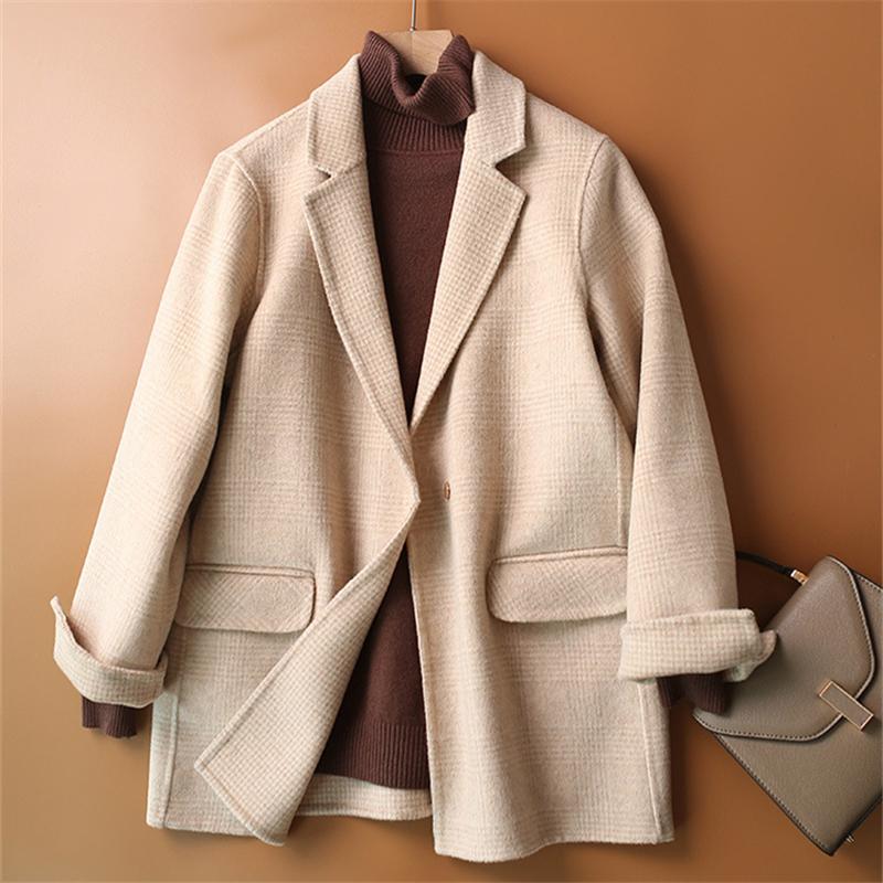

High Quality Wool Blazer Women 90% Wool Plaid Office Lady Blazer Hidden Button Two Pocket Jacket Spring Autumn Coat Female, Beige