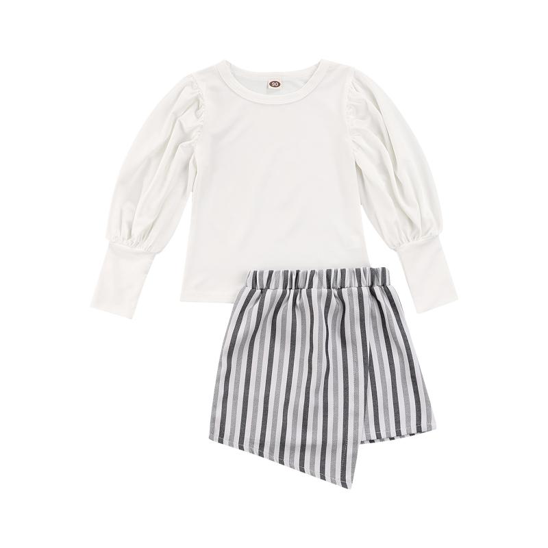 

Clothing Sets 2-6Years Baby Girl Tops, Skirt Suit Long Sleeve Round Neck High Waist Striped Irregular Hem Half Dress, White