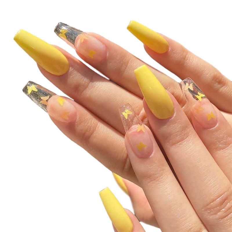 

24Pcs/Box Long French False Nail Ballerina Fake Nails Yellow Butterfly Pattern Square Nail Decal False Nails Press On Tips, Jp943
