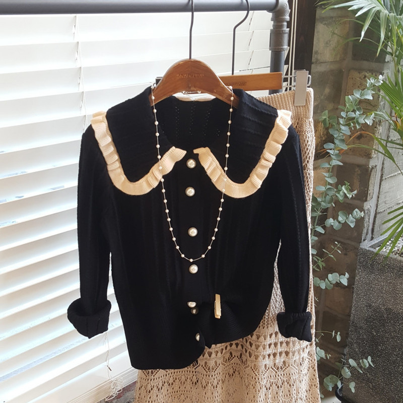 

2021 Female Korean Fashion Thin Nightgown New Doll Collar Autumn Long Sleeve Cardigan Short Single Breast Pearl Mesh Outwear Jumpers QTSG, Apricot