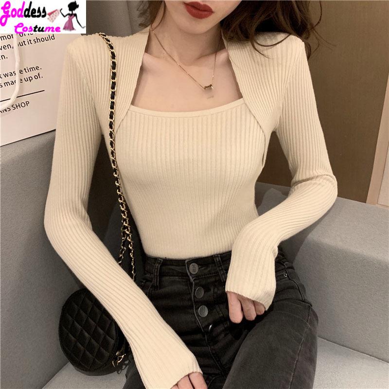 

2XL Autumn and Winter Wear A Top 2020 New Fake Two-piece Slim and Thin Long-sleeved Square Neck Sweater Bottoming Shirt, Black