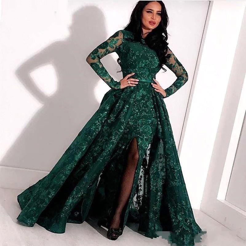 

Dark Green Prom Dresses Long Sleeves Sequined Lace Appliques Evening Gowns 2021 Arabic Middle East Jewel Neck Special Occasion Dress AL7220, Royal blue
