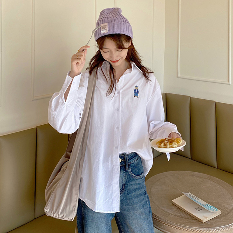 

2021 New 5 color female womens tops bear style cartoon embroidered long sleeve shirt women's blouses (f4042) B990, Navy blue