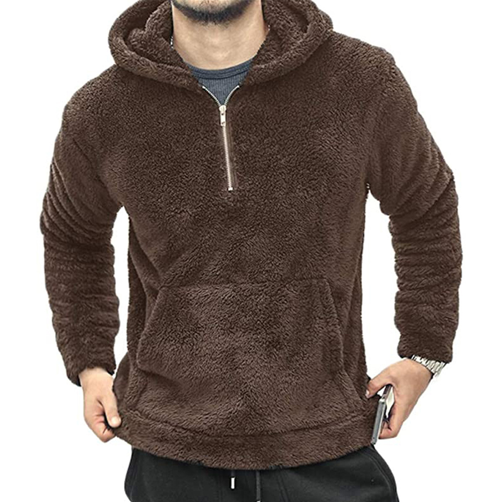 

Men' Plush Hooded Loose Pullover Sweatshirts Long Sleeve Zipper Collar with Pocket for Autumn Winter Polar Fleece Sweatshirts, Black