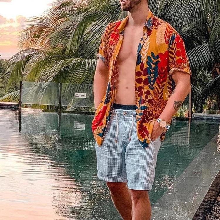 

New Hot Summer Hawaiian Casual Loose Yellow Print Short Sleeve Shirt, Multi
