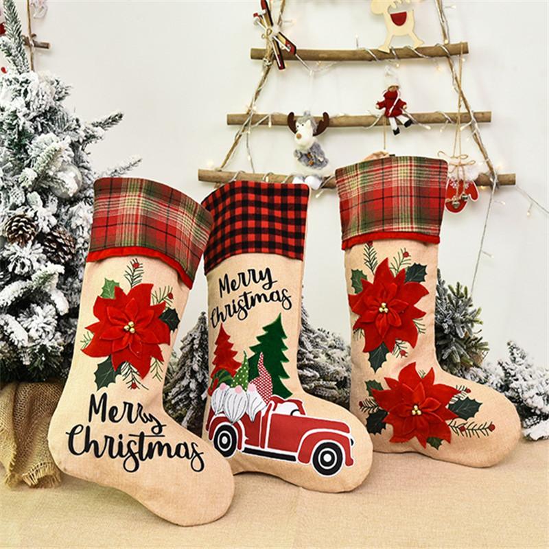 

Maxsin 2 pcs/lot New Christmas Decoration Linen Machine Embroidered Red Flower Creative Cartoon Car Old Man Christmas Stocking