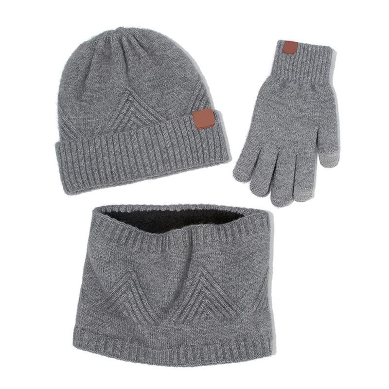 

3Pcs Winter Plush Lined Striped Knit Beanie Hat Scarf Touch Screen Gloves Set Y1AC