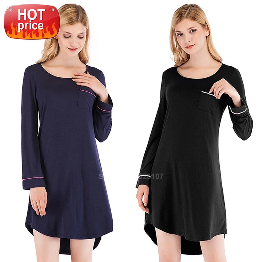 

Asymmetric Long Sleeve Women Sleepwear Modal Cotton Elastic Comfy Nightgown Round Neck Nighty Lounge Lingerie Dress Nightdress #SK93, Black;white