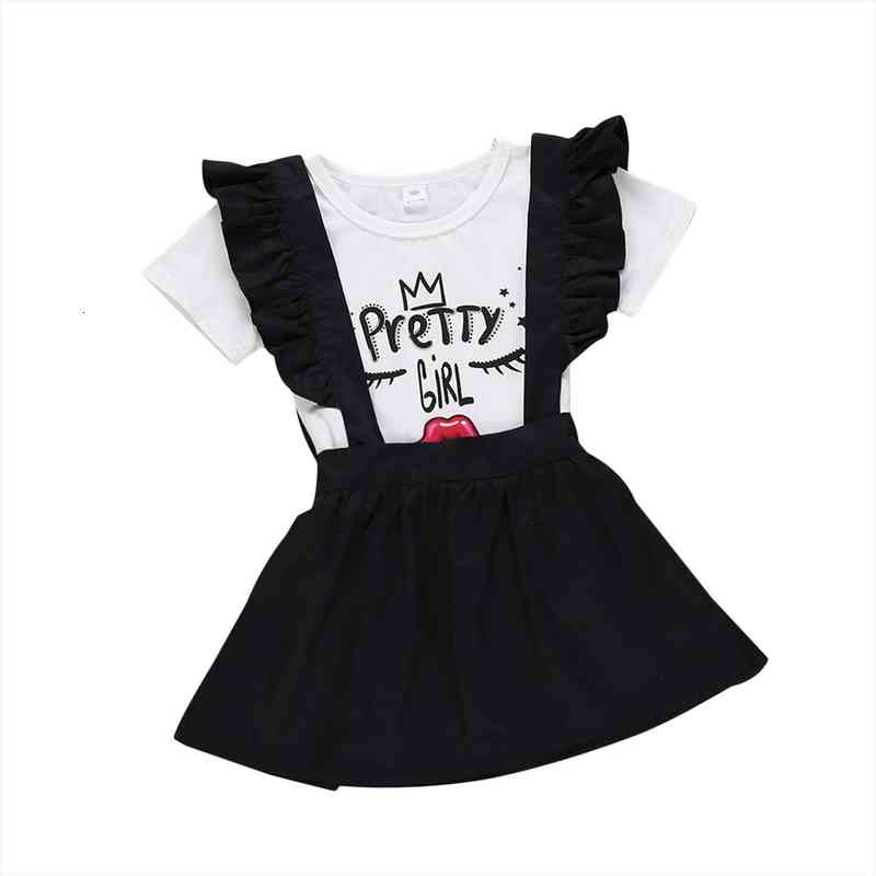 

Infant Kids 2pcs Baby Girls Summer Outfits Short Sleeve Cartoon Letter Print T-shirt Suspender Skirt Set 1-6t, White
