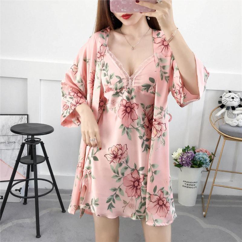 

Women's Simulation Silk Floral Overall Print Pajamas Two Piece Set Spring Autumn Winter Sexy Slip Dress Bathrobe Sleepwear, Black