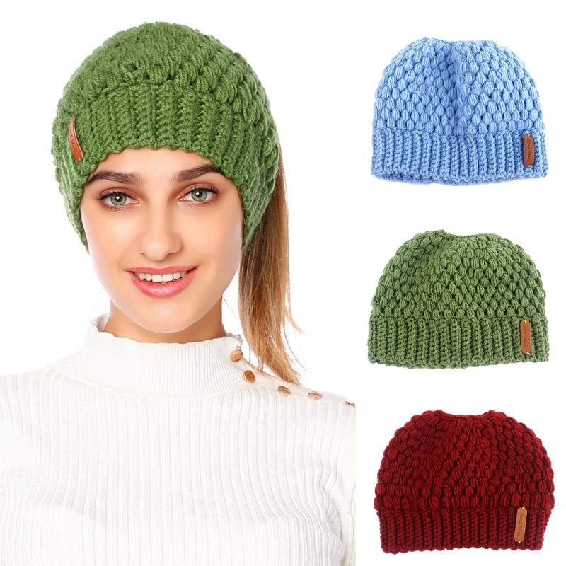 

Women Chunky Crochet Knit Stretch Beanie Hat Messy Bun Holey Skull Cap