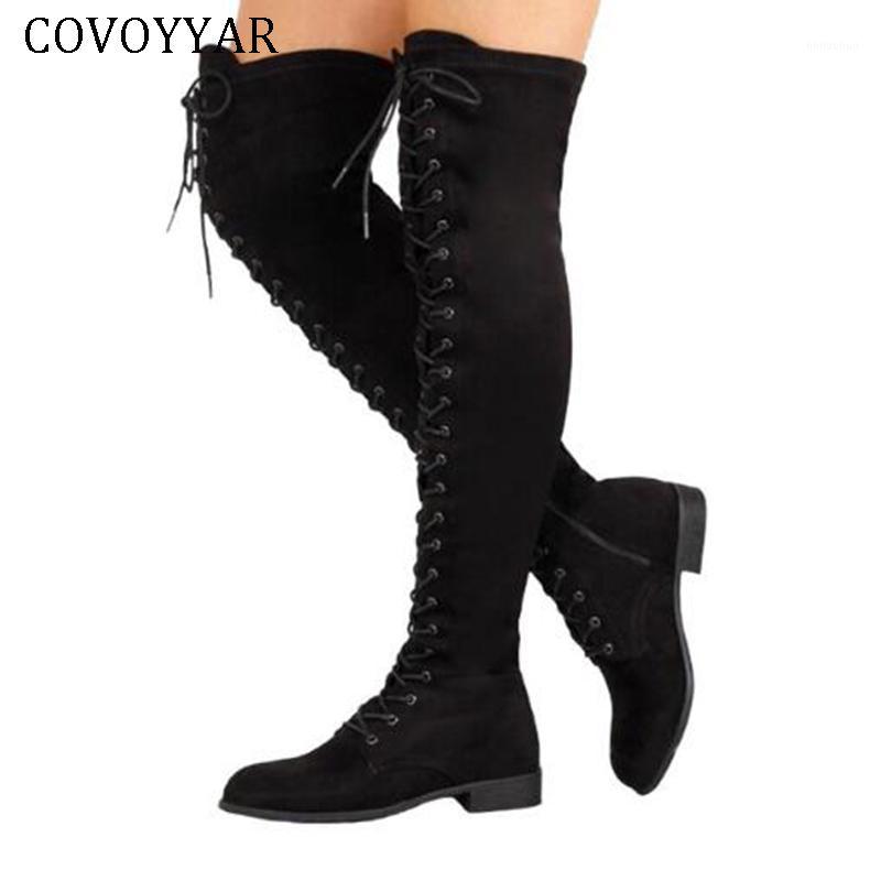 

COVOYYAR 2020 Over The Knee High Boots Women Fashion Autumn Winter Knight Riding Boots Lace Up Woman Shoes Big Sizes 43 WBS7111, Green