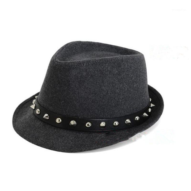 

Fedora Wool Hat for Women Men Punk Rivet Ribbon Elegant Lady Dad Winter Autumn Wide Brim Jazz Godfather Sombrero Caps H31, Black
