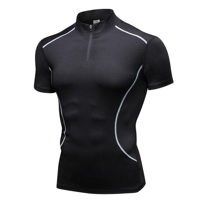 

Men's Stand Collar Sports Fitness Running Training Short Sleeve T Shirt Sports Quick-drying Stretch Tight T-shirt
