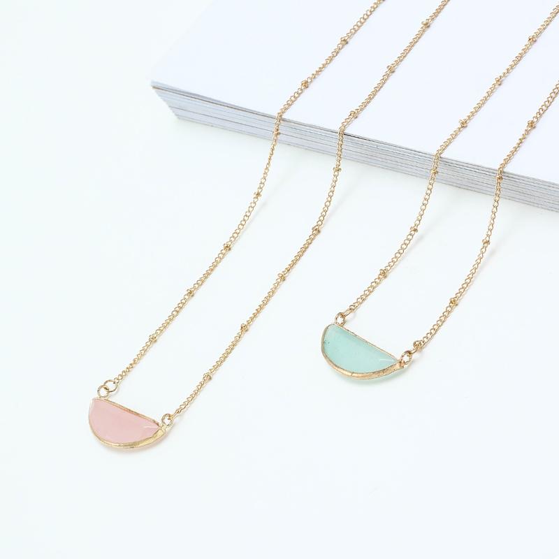 

Doreen Box New Sweet Women Pendant Necklace Gold Color Light Green/Pink Half Round Party Jewelry 40cm(15 6/8") long, 1 Piece