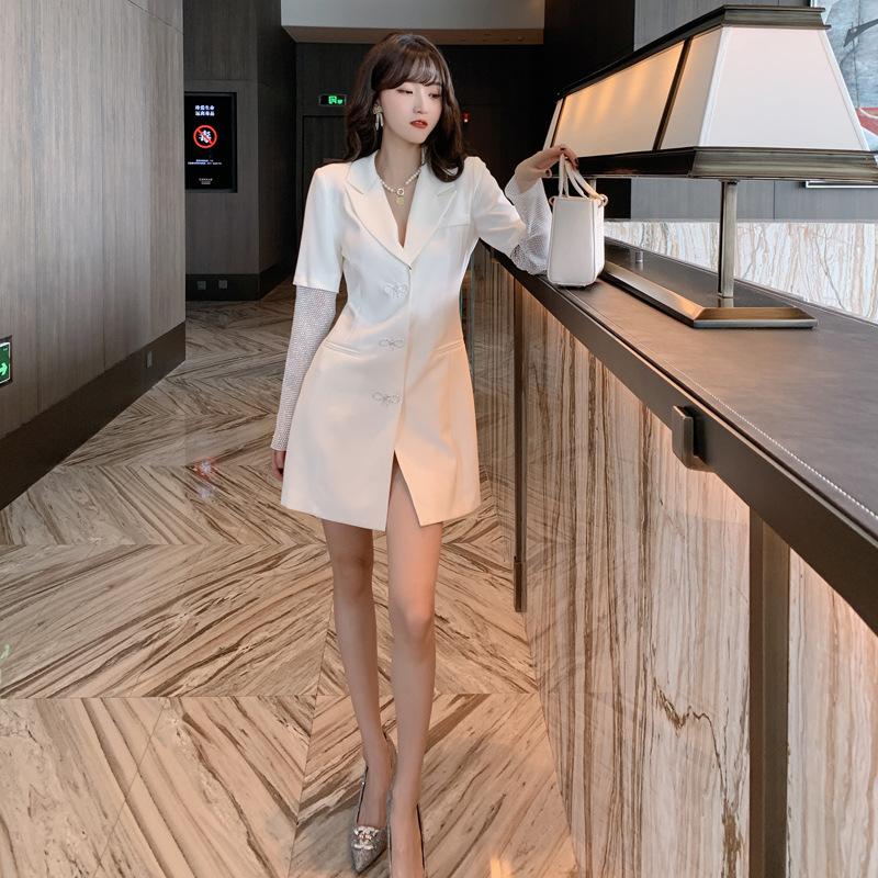 

Mode Femme 2020 Woman Singer Button Mini Dresses Ladies Pocket Squien Dress Autumn Winter Mesh Patchwork White Blazer Dress