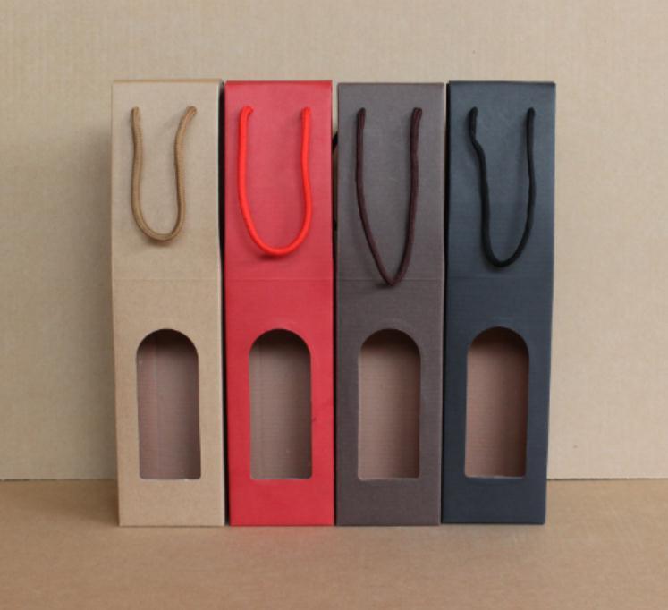 

50pcs Kraft Paper Red Wine Box Handheld Single/Double Red Wine Bottle Bag Window Gift Packaging Box Party Supplies SN181