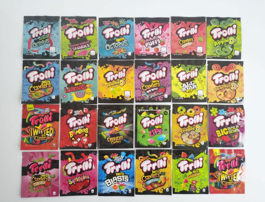 

Trrlli Trolli edibles packaging bags 600mg 29 designs brite crawlers watermelon sharks llamas octopus peach rings errlli berry worm gummy