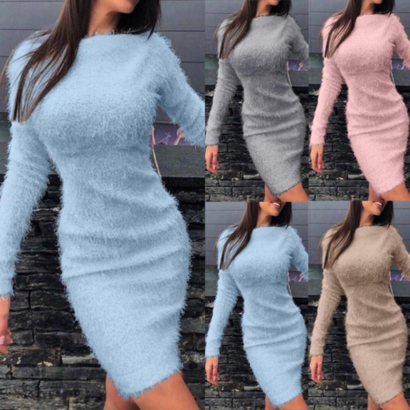 

Women Autumn Solid Color Long Sleeve Sweater Fluffy Kee-length Bodycon Dress, Khaki